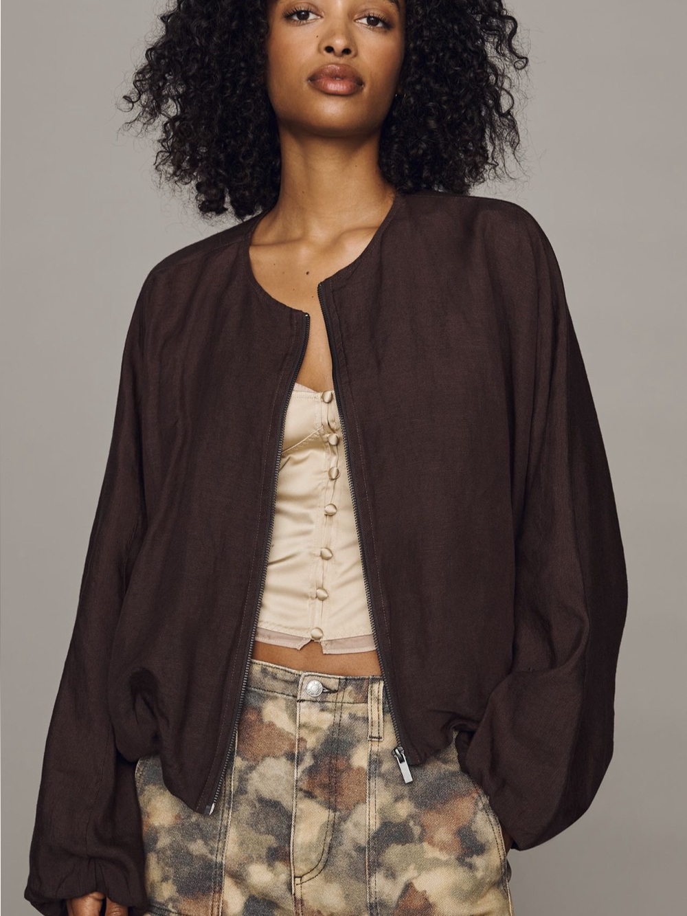 Sanctuary Chocolate Brown Collarless Bomber Jacket